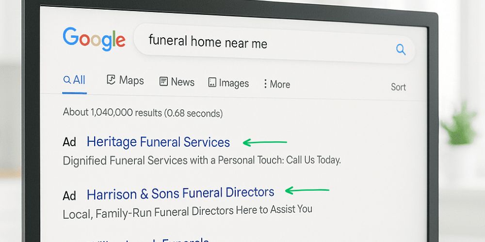laptop showing local funeral directors on google search